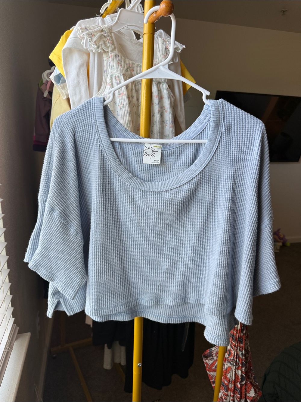 aerie Dusty Blue Waffle Knit Cropped Tee